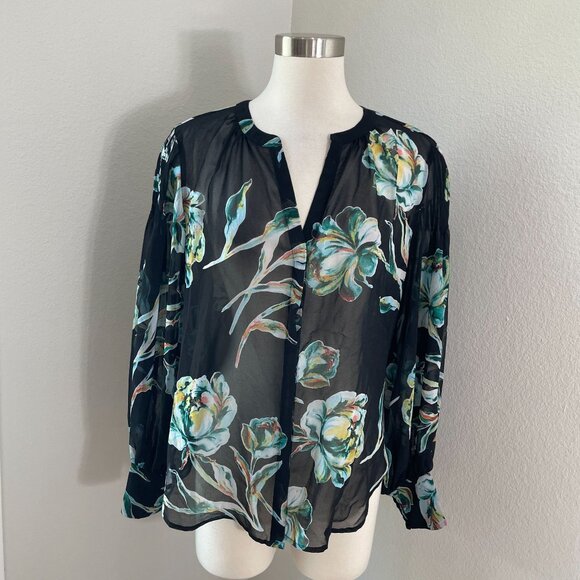 Chicos Womens 10 Blouse Sheer Black Floral Long Sleeve Button Up Shirt Top - Picture 1 of 11